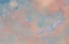 the sky is filled with clouds and stars in pastel colors, as well as an airplane