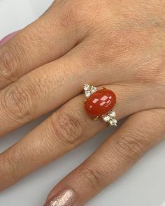 5.53 Ct Red Coral Dainty Luxury Cluster W/ 0.42 Ct Diamond, 14K Solid Gold, Unique Engagament Ring, Certificated Genuine Gemstone, Best Gift - Etsy Canada Elegant Red Cabochon Gemstones, Red Diamond Fine Jewelry Gemstones, Red Diamond Oval Cabochon Ring, Fine Jewelry Red Diamond Gemstones, Red Diamond Gemstones For Fine Jewelry, Antique Oval Red Diamond Ring, Antique Red Oval Diamond Ring, Heirloom Red Oval Diamond Ring, Red Diamond Gemstones For Wedding