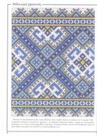 a cross stitch pattern with blue and green designs on it, in the shape of a square