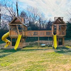 two children's play structures with slide and swings