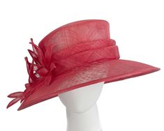 Made from finest sinamay, this large red hat sports traditional outline with wide brim and tall crown. Throw in bouquet of hand-made sinamay flowers and you have perfect racing hat for any occasion.  Traditional ladies fashion hat  Wide brim  Will fit size up to 58cm  Adjustable band to fit smaller sizes Red Hats For Spring Garden Party, Spring Fascinator With Sinamay And Curved Brim, Red Summer Fascinator For Garden Party, Spring Sinamay Mini Hats For Races, Spring Sinamay Boater Hat With Short Brim, Spring Boater Hat With Short Brim In Sinamay, Spring Party Straw Hat In Sinamay, Summer Evening Boater Hat In Sinamay, Spring Wide Brim Mini Hat In Sinamay