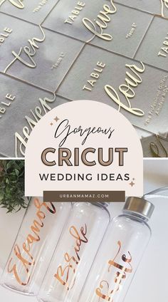 three wedding gifts with gold lettering on them and the words dream cricut in curs