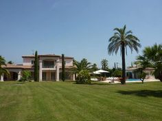 a house with palm trees in front of it and a swimming pool on the other side