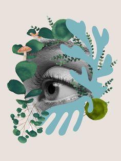 an eye is surrounded by plants and leaves