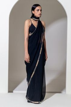 Black organza saree with sequin and bead embroidered border. Comes with a one metre unstitched blouse piece. - Aza Fashions Evening Chanderi Blouse Piece With Sheer Dupatta, Evening Chanderi Blouse Piece With Mirror Work, Evening Pre-draped Cutdana Saree In Organza, Evening Chanderi Pre-draped Saree For Eid, Formal Embellished Saree For Eid, Evening Chanderi Saree With Resham Embroidery, Black Chanderi Saree For Evening, Evening Pre-draped Chanderi Saree With Resham Embroidery, Evening Silk Saree With Mirror Work