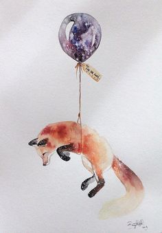 a painting of a fox with a balloon attached to it's tail, in the air