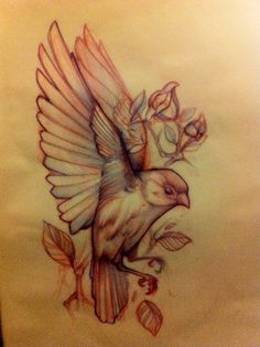 a drawing of a bird with flowers on it's wings