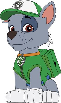 a drawing of a cartoon dog wearing a green shirt and hat with a backpack on it's back