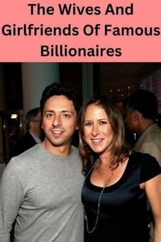 a man and woman standing next to each other in front of a pink sign that says, the wives and girlfriends of famous billonaires