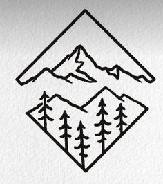 a drawing of mountains and trees in the shape of a diamond with a sky background