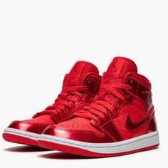 Hurry And Cop These Rare And Exclusive Air Jordan 1 Mid “Pomegranate” Shoe That Turns Heads With Its All-Red-Everything Aesthetic. The “Pomegranate” Channels A Similar Energy To That Of The All-Red Air Jordan 1 High Og’s “Legends Of Summer” Colorway, One Of The Most Desirable Jordan 1 Releases In History. University Red Leather Is Found On The Perforated Toe, Mid-Panel, And Collar. The Overlays, “Wings” Logo On The Collar, And Swoosh On The Sides Are Designed In Pomegranate-Colored Synthetic Lea Red Patent Leather Low-top Sneakers, Red Patent Leather Sneakers With Round Toe, Red Patent Leather Lace-up Sneakers, Luxury Red Sneakers For Streetwear, Luxury Red Custom Sneakers For Streetwear, Pomegranate Color, History University, Shoe Ideas, Jordan 1 High Og