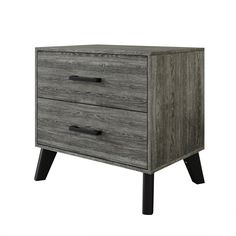 a wooden nightstand with two drawers and black legs