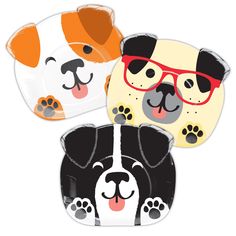 three paper plates with dogs wearing glasses