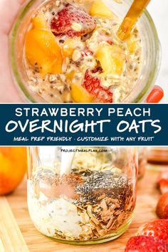 strawberry peach overnight oatmeal in a mason jar