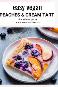 a slice of creamy vegan peach puff pastry tart on a white plate