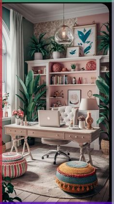 a desk with a laptop on it in front of some potted plants and bookshelves