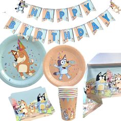 birthday party supplies including plates, napkins and cups with cartoon characters on them are displayed