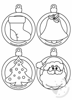 three christmas ornaments with santa claus and a bell on them, one in black and white