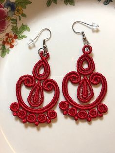 Lace Earrings Embroidered Earrings Raspberry Earrings Dangle Earrings Embroidered Lace Earrings Red Earrings Wedding Earrings - Etsy Handmade Thread Jewelry For Party, Handmade Red Chandelier Earrings For Wedding, Red Handmade Chandelier Earrings For Weddings, Festive Red Embroidered Jewelry, Bohemian Embroidered Red Jewelry, Bohemian Red Embroidered Jewelry, Traditional Red Handmade Chandelier Earrings, Elegant Embroidered Earrings, Raspberry Earrings