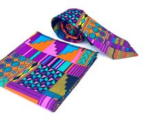 African print Tie  Colorful Adult size  ties 100% Cotton - Ties - Handkerchief (pocket square 14 by 14 ) Adult size  Perfect for special occasion! Can be customized with any fabric from my shop Multicolor Suit And Tie Accessories With Pocket Square, Multicolor Rectangular Pocket Square For Gift, Multicolor Tie With Pocket Square, Multicolor Ties With Pocket Square, Multicolor Pocket Square With Ties As A Gift, Purple Kente, Upper Darby, Tie Accessories, Printed Ties