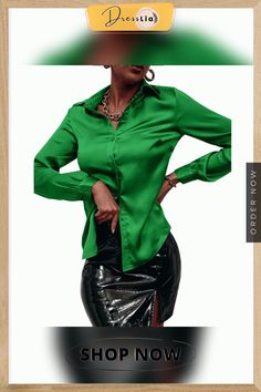 Women Solid Color Stretch Blouses Green Collared Top For Office, Fitted Green Office Shirt, Green Collared Blouse For Party, Green Collared Party Shirt, Solid Color Shirt For Spring Party, Green Button-up Party Shirt, Green Collared Party Top, 1 Million, Top Blouse