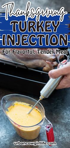 a person is using a mixer to make turkey injector for flavored tender meat