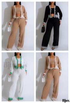 Bjux - Vacation-Ready Knitted Two-Piece Ensemble with Wide Leg Pants Casual Knit Sets For Winter, Beige Knit Loungewear Sets, Casual White Knit Sets, Beige Two-piece Casual Bottoms, Casual Ribbed Sets For Spring, Casual Beige Pant Set For Spring, Fitted Knit Casual Sets, Casual Knit Sets For Spring, Casual Spring Knit Sets