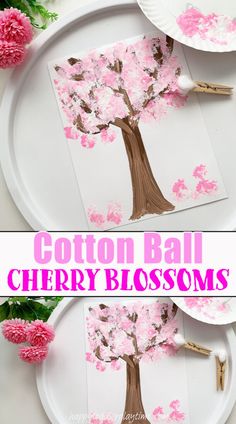 paper plate cherry blossom tree craft for kids to make with cotton balls and glue on the bottom