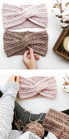 crocheted headbands made with yarn and wool are shown in three different ways