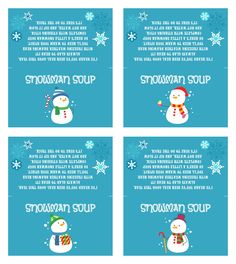 four snowman soup cards with different words