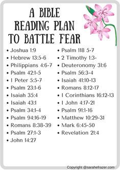 a bible reading plan to battle fear with pink flowers on the front and side of it