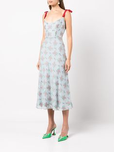 Silk Midi Dress With Floral Print And Fitted Bodice, Sleeveless Light Blue Midi Dress With Floral Print, Sleeveless Light Blue Floral Print Midi Dress, Sleeveless Silk Midi Dress With Floral Print, Silk Spaghetti Strap Dress With Floral Print, Light Blue Sleeveless Silk Dress, Markarian Dress, Bohemian Wedding Guest, Wedding Guest Looks