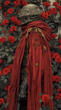 a painting of a man with a red cloak and helmet in the middle of roses