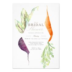 the bridal dinner party is set up with watercolor leaves and carrots on it