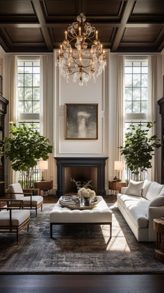 a living room filled with lots of furniture and a chandelier above the fireplace