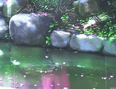 a painting of rocks and water with pink flowers