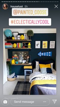 a bedroom decorated in blue and yellow with bookshelves on the wall above the bed