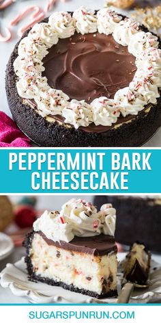 peppermint bark cheesecake with chocolate frosting and sprinkles on top