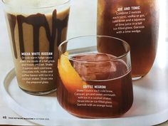 an advertisement for iced coffee on a plate with two glasses and one orange slice in it