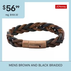 A mix of black and brown braided leather ensures this bracelet will go with everything he wears.Material: LeatherDimensions: 8¼" long; 12.7mm wideFeatures: Quick ShipCircumference: 8 1/4 InchLink Construction: SolidMetal Color: BrownChain Length: 8 1/4 InchMetal: Stainless SteelChain Construction: BraidCare: Wipe CleanBracelet Type: Wrap BraceletsCountry of Origin: Imported Brown Jewelry With Black Band For Everyday Wear, Brown Braided Bracelets For Everyday, Everyday Brown Braided Bracelets, Everyday Brown Bracelets With Black Band, Brown Leather Bracelets With Black Band, Brown Braided Leather Bracelets, Elegant Brown Leather Braided Bracelets, Casual Brown Braided Leather Bracelet, Everyday Black Braided Leather Bracelet