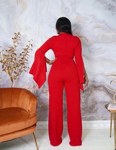 OPEN SLEEVE -DEEP V NECKLINE -BELTED -PUFF SHOULDER -WIDE LEG -ZIPPER BACK CLOSURE -STRETCH -MODEL IS 5'7 AND WEARING A SMALL POLYESTER 95% / SPANDEX 5% Made inMEXICO Open Sleeves, Open Sleeve, Jumpsuit With Sleeves, V Neckline, Free Giveaway, Deep V, Mustard, Wide Leg, Jumpsuit