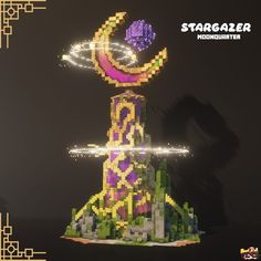 a large tower made out of legos with lights on it's sides and the words stargazer in front of it