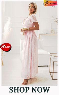 Pink Floral Textured V Neck Smocked Maxi Dress Spring Party Maxi Dress With Smocked Bodice, Pink Maxi Dress With Smocked Back For Party, Pink V-neck Maxi Dress With Smocked Bodice, Elegant Pink Maxi Dress With Smocked Back, V-neck Smocked Maxi Dress For Vacation, Feminine Flowy V-neck Smocked Dress, Feminine V-neck Flowy Smocked Dress, Pink V-neck Smocked Dress, Pink V-neck Smocked Dress With Ruched Detail