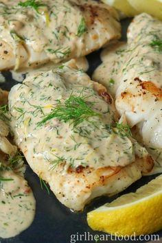 #Kid-FriendlySeafoodMeals Dill Fish Sauce, Cod Cream Sauce, Creamy Dill Sauce For Fish, Fish With Dill Sauce, Cod With Sauce Recipes, Cod With Creamy Dill Sauce, Cod Recipes With Sauce, Fish In A Cream Sauce, Dill Cod Recipes