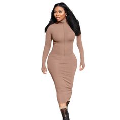 High Neck Knitted Zipper Long Sleeve Pencil Dress Chic High Stretch Bodycon Dress For Fall, Fall High Stretch Bodycon Dress, High Stretch Fall Bodycon Dress, Fall Bodycon Sheath Midi Dress, Fall Knee-length Bodycon Dress, Long Sleeve Pencil Dress, Pencil Dress, 1 Million, High Neck