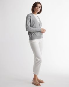 You found it, the light layer you’ll carry with you everywhere. Extra-soft, lightweight, and breathable, our cotton cardigan is blended with a touch of cashmere for that extra bit of cozy. As essential as your wallet and keys when you leave the house, it’s just right anytime there’s a slight chill or breeze.  | Quince | Women's Lightweight Cotton Cashmere Cardigan Sweater in Heather Grey, Size Large, Organic Cotton Casual Gray Cashmere Cardigan, Classic Gray Everyday Cardigan, Casual Cashmere Cardigan For Everyday, Casual Everyday Cashmere Cardigan, Fine Knit Cotton Cardigan For Layering, Boyfriend Cardigan, When You Leave, Summer Sweaters, Sweater Fits