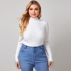 White Basics Casual  Long Sleeve Acrylic Plain Basic Tops  Slight Stretch Spring/Fall Plus Size Knitwear Comfy Jumpsuits, Plus Size Pullover, Slim Sweater, Drop Shoulder Sweaters, Plus Size Sweaters, Ribbed Knit Sweater, Brown Sweater, Casual Sweaters, Basic Tops