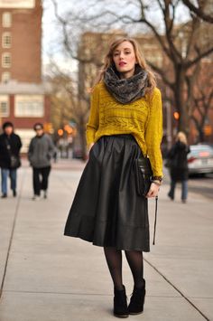 Rok Midi, Midi Outfits, Mustard Sweater, Rock Outfit, Winter Skirt