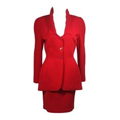 This skirt suit is composed of red fabric. The jacket has center front closures with silver hardware. The skirt has a classic pencil silhouette with zipper closure. In excellent vintage condition. Made in France. **Please cross-reference measurements for personal accuracy. Measurements (Approximately) Jacket Size 40 Length: 29" Sleeve: 24" Shoulder to shoulder: 16" Bust: 40" Waist: 30" Skirt Size 40 Length: 22" Waist: 27" Hip: 38" Red Satin Skirt, Black Satin Skirt, Black Velvet Jacket, Gold And Black Dress, Pencil Silhouette, Peplum Skirt, Skirt Suit Set, Fabric Combinations, Purple Skirt