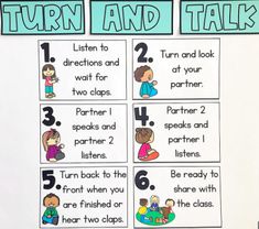 a printable turn and talk activity for children to practice numbers, letters, and shapes